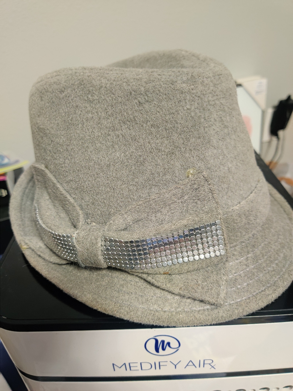 Scala Gray Wool Felt Fedora with Silver Sequin Bow
